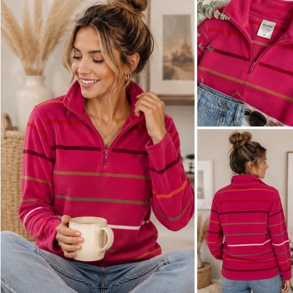 Blair Fleece Pullover Medium Pink Striped 1/4 Zip Cozy Fall Sweatshirt‎